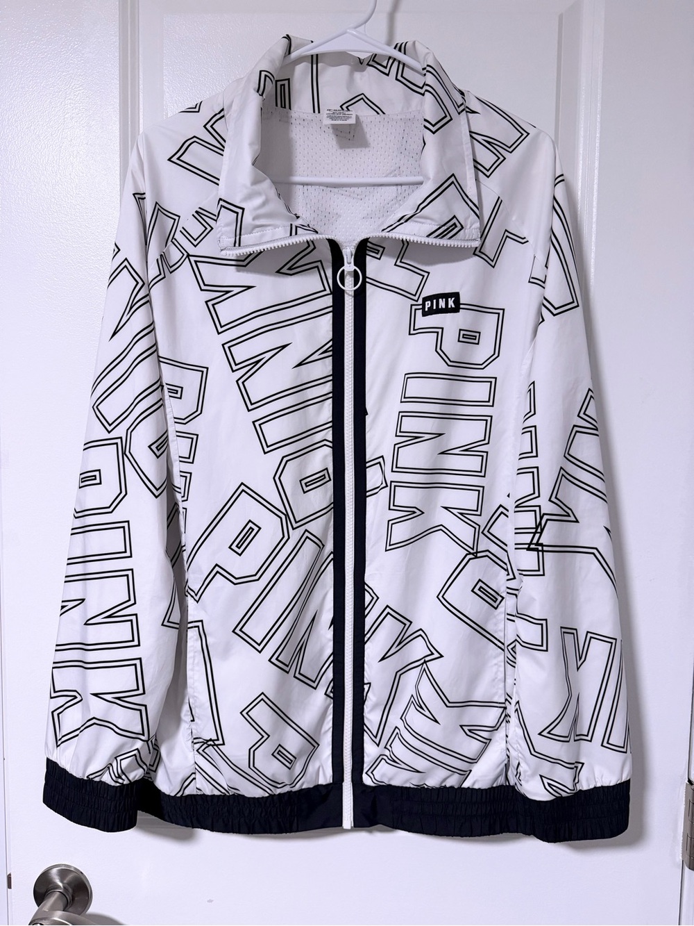 PINK Victoria's Secret White Logo Print Zip-Up Windbreaker